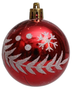 Detalle de bola de Navidad roja galvanizada con motivos de copos de nieve blancos