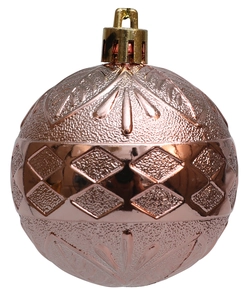 Dettaglio della pallina di Natale oro rosa con trama a diamante a rilievo e finitura metallica
