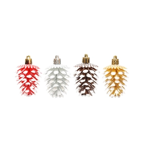 Set de cuatro piñas de Navidad nevadas artificiales en rojo plata y dorado para árbol