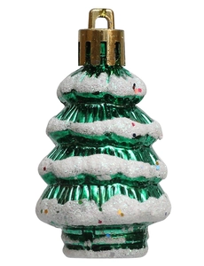 Detalle de adorno con forma de árbol de Navidad verde metalizado y purpurina blanca