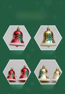 Detailed view of red and gold Christmas bell ornaments with glittery tree and snowflake