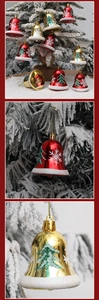 Macro detail of red and gold Christmas bells with glittery snowflake and tree patterns