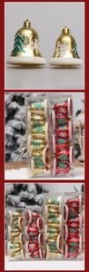 Detail of Christmas bell ornaments with glitter finish in a transparent box packaging