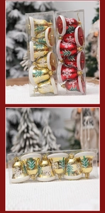 Set of 6 red and gold Christmas bell ornaments with pine tree and snowflake patterns
