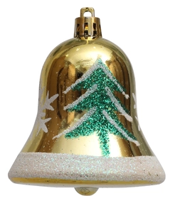 Detail of golden Christmas bell ornament with green glitter tree and white snowflake