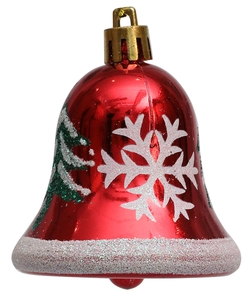 Detail of red Christmas bell ornament with white snowflakes and green glitter tree