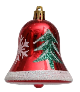 Close-up of red metallic Christmas bell with glittery tree and snowflake patterns
