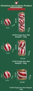 Size comparison of red and white striped Christmas ornaments in 10cm, 12cm, and 15cm