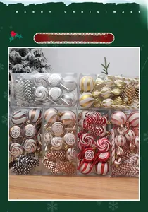 Detailed set of red and white Christmas ornaments in a gift box with candy canes