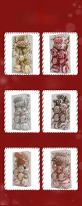 Detail of Christmas ornament set featuring candy canes, pine cones and balls in six colors