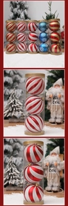 Close-up of 3-pack glittery Christmas ornaments in transparent cylindrical tube packaging