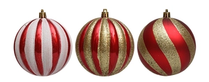 Close-up of 10cm Christmas pumpkin balls with red, gold, and white glitter stripes