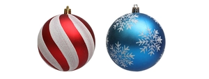 Detailed view of red striped and blue snowflake Christmas hanging balls with glitter