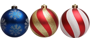 Detail view of blue matte snowflake and red glitter spiral stripe Christmas ball ornaments