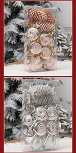 Close-up of champagne gold and silver Christmas candy cane and pinecone ornaments