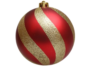 Macro shot of 10cm Christmas pumpkin ball with red matte and gold glitter spiral patterns