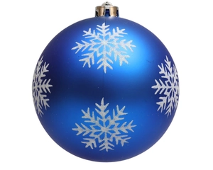 Detail of 15cm dark blue matte pumpkin ornament with silver glitter snowflakes and cap