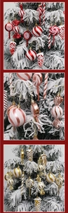 Close-up of red and white candy cane and pinecone ornaments on a Christmas tree
