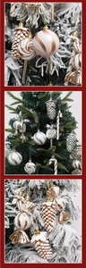 Detail showing champagne gold and pink Christmas ornaments set on pine branches