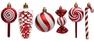 Detailed view of red and white Christmas ornaments including glitter candy and pinecone shapes