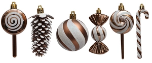 Detailed view of bronze Christmas candy and pinecone ornaments with white glitter accents