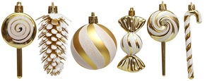 Detail of 15pcs Christmas ornaments including candy canes and pine cones in gold and white