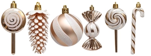Set of 6 champagne gold and white glitter Christmas ornaments including candy canes