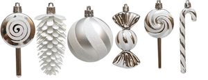 Detail of silver and white Christmas ornaments set with glitter and glossy finish