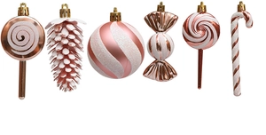 Detail of rose gold and white glitter Christmas candy cane and cone ornaments set