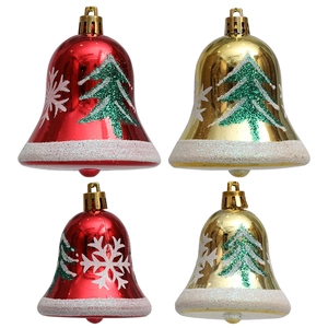 Set of four red and gold Christmas bell ornaments featuring glitter trees and snowflakes