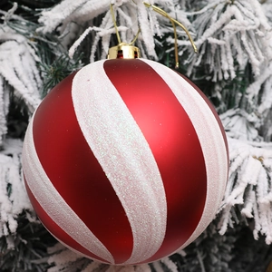 15cm Christmas pumpkin ball ornament with red matte finish and white glitter stripes