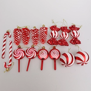 15-piece red and white Christmas ornament set with candy canes, pinecones, and lollipops