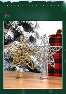 Detail view of gold and silver hollow star tree toppers with sparkling glitter finish