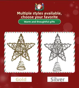 Detail of Christmas star tree topper in gold and silver iron art with spring base