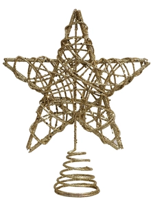 Detail of glittery gold Christmas tree topper star with spiral spring base and sequins