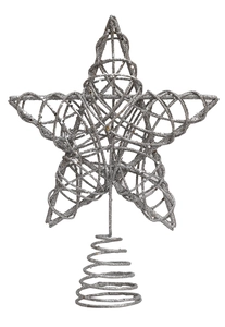 Detail of silver Christmas tree topper star with glitter texture and spiral spring base