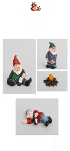 Detailed view of 4-piece funny garden gnome set featuring drunk gnomes and a campfire