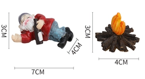 Macro detail of miniature drunk gnome and campfire resin decor with size dimensions