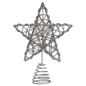 Glitzernde silberne Christbaumspitze als Stern mit Hohlraumdesign und Federhalterung