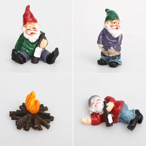 Garden gnome miniatures set featuring funny gnomes and a campfire resin decoration