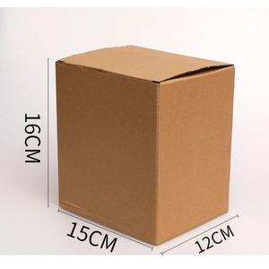 Detailed view of brown corrugated packaging box with dimensions 16cm x 15cm x 12cm