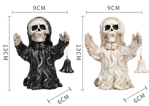 Detailed size dimensions for black and white hooded skeleton Halloween figurines with bells