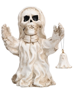 Macro detail of Halloween grim reaper skeleton statue with mini ghost bell and aged texture