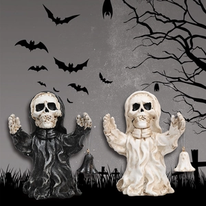 Halloween Resin Grim Reaper Skeleton Figurine With Hanging Bell Ghost Statue Decorative Ornaments For Party Home Desktop Decor