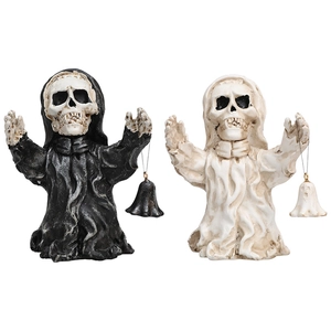 Halloween resin skull ghost figurines set in black and white with hanging metal bells
