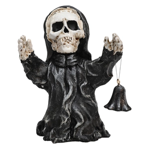 Figurine de faucheuse d'Halloween en résine avec cape noire à capuche et clochette