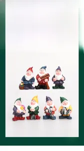 Detailed view of 7 resin garden dwarf figurines with colorful hand-painted finishes
