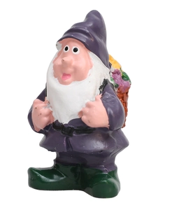 Detail of garden gnome with purple hoodie and basket of flowers for fairy garden