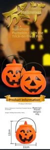 Close-up of orange plastic Halloween pumpkin bucket with handle and black face design