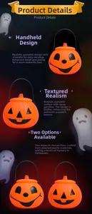 Detail of orange Halloween pumpkin buckets with black handles and carved facial expressions